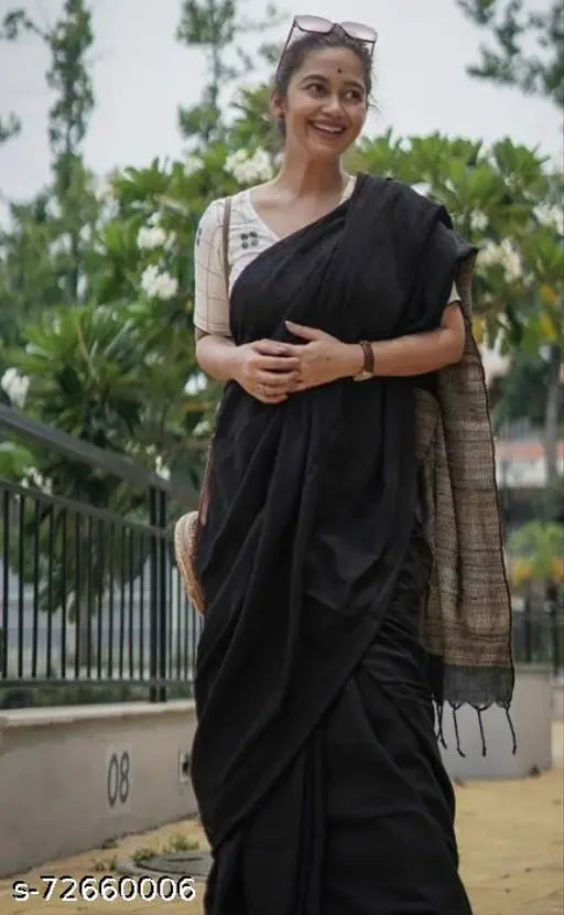 Cotton solid saree & matching printed net running blouse, Indian traditional wear in single free size (lengths: 5.5m, 0.8m)
