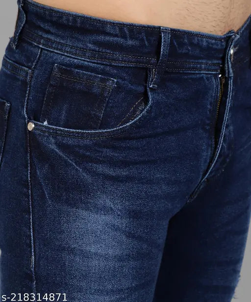 Slim fit blue denim jeans for men, solid pattern, size 28, 30, or 34, Made in India