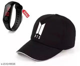 BTS embroidered cotton baseball cap with free LED M2 watch for men and boys, sporty self-designed accessory from India on display