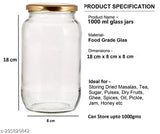 Gold-capped, round jar, 1L capacity, 3m diameter, air-tight seal, suitable for kitchen storage