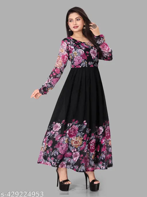Georgette A-line printed women's kurta set with duppatta, long sleeves, Indian fashion for S, M, L, XL, XXL, XXXL, 4XL, and 5XL sizes