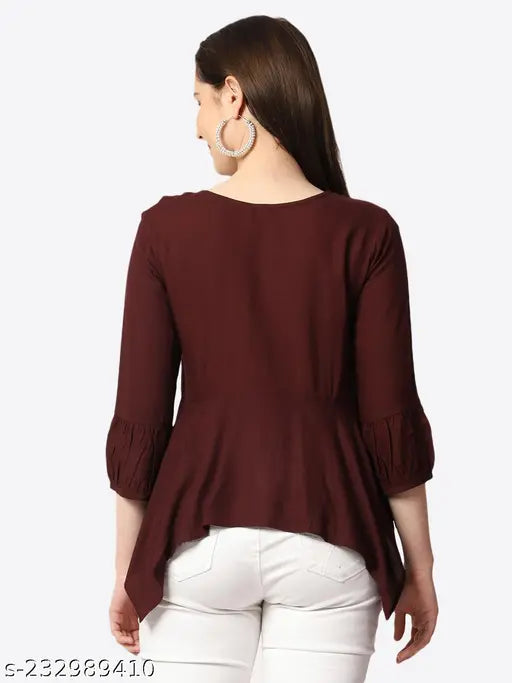 Maroon rayon ethnic motif boat neck top tunic, embroidered net pattern, three-quarter sleeves, L/XL/XXL sizes, Indian design