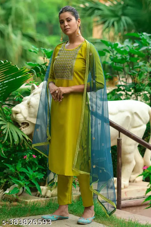 Yellow kameez set, dupatta, pajama with embroidery