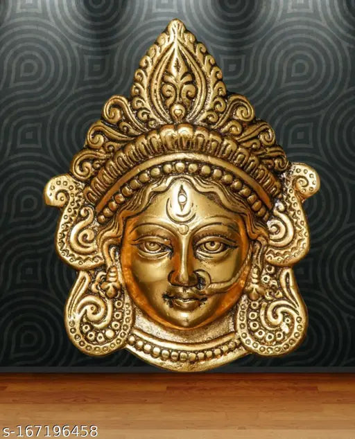 Antique gold metal Durga face wall hanging, evil eye protection for home decor and office, Maa Kali mask statue with handcrafted finish