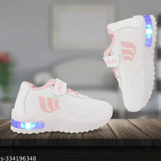 Pink, lightweight casual kids' shoes with LED accents and Velcro closure, suitable for outdoor sports activities