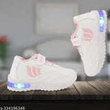 Pink, lightweight casual kids' shoes with LED accents and Velcro closure, suitable for outdoor sports activities