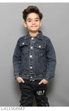 A young boy wearing a denim jacket with a button closure, posing for a portrait