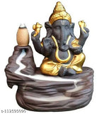 Handcrafted backflow smoke fountain Ganesh, gold-tone metal figurine, with free incense sticks