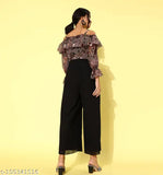 Multicolor abstract off-shoulder polyester jumpsuit with long sleeves, animal print, frills, and side pockets - Miss Chase women's fashion, India origin