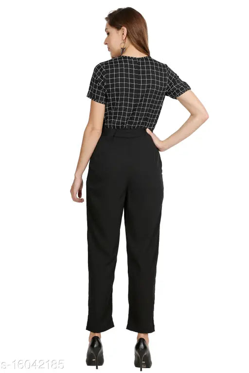 Trendy designer women's checked polyester jumpsuit with short sleeves, available in sizes S-XL
