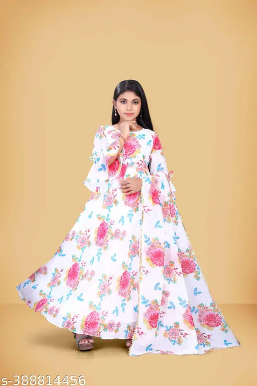 Cotton blend printed net three-quarter sleeve combo dresses for kids and girls, vibrant formal wear for special occasions