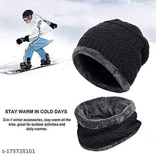 3 black color unisex woolen cap and neck winter protection scarf
