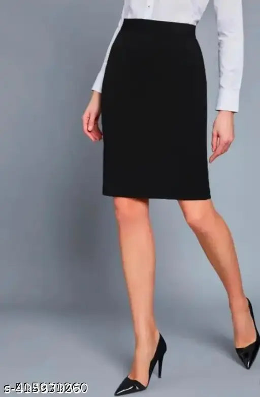 Black cotton blend pencil skirt, knee length, elasticated waist belt