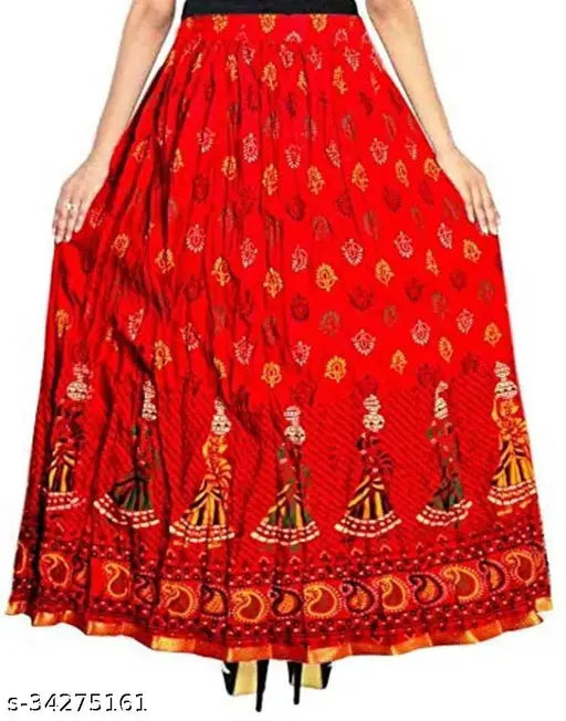 Red and gold Jaipuri cotton skirt combo, one wrap around style, one straight a-line style