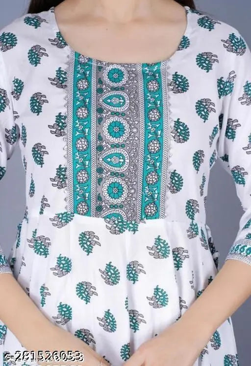 White viscose rayon anarkali with printed combo, three-quarter sleeves, Indian ethnic wear for women on mannequin