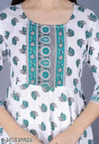 White viscose rayon anarkali with printed combo, three-quarter sleeves, Indian ethnic wear for women on mannequin