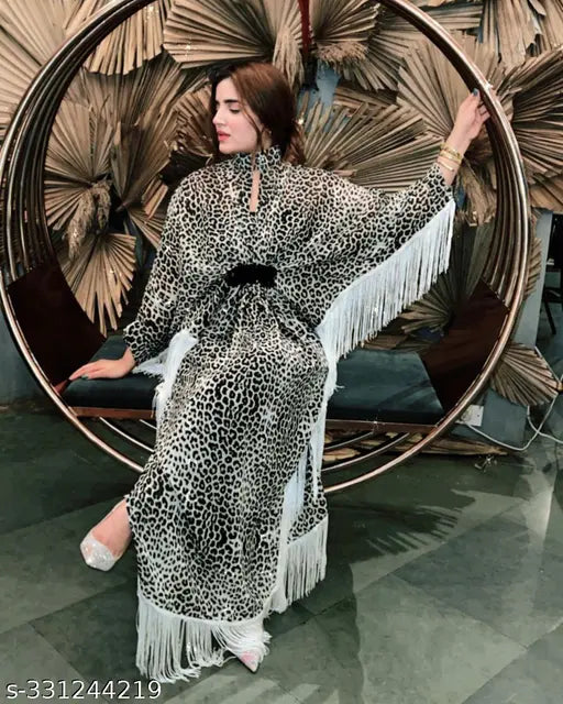 Leopard print long kimono dress, white fringe, satin, 1213.