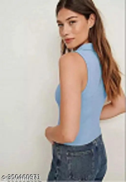 Sky Blue cotton sleeveless ribbed net women's newest collar top, classic solid-colored short sleeve cotton blend version also available in multiple sizes (S, M, L, XL) originating from India