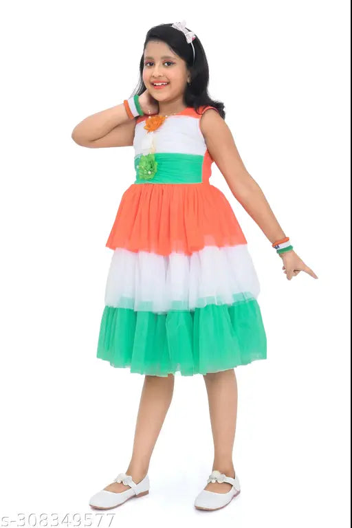 Red, net colorblocked sleeveless frock for Independence Day 15th August, symbolizing Indian spirit