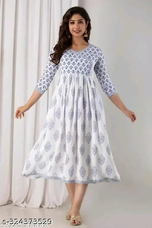 Singal blue rayon three-quarter sleeve top with printed combo, Indian fashion apparel