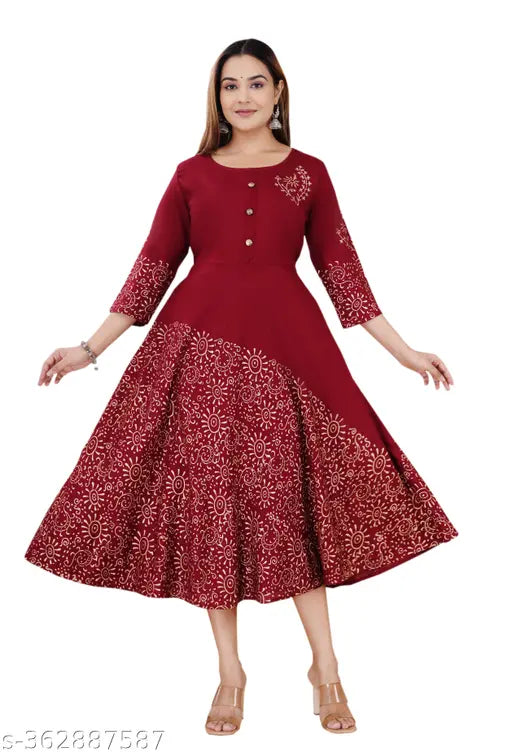 Maroon rayon kurti, Jaipur block printed, ethnic wear with three-quarter sleeves. Traditional Indian fashion for ladies, latest design images in maroon. Handcrafted in India