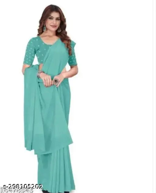 Teal georgette saree with plain pallu