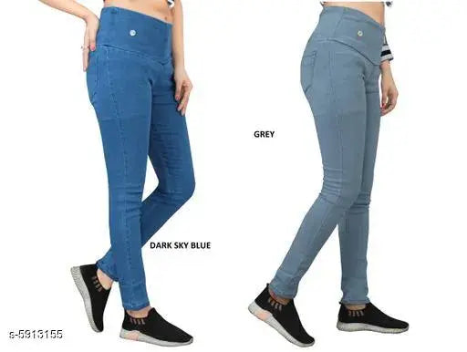 Denim skinny fit jeggings for women, medium waist with elastic closer, solid Dxblue-Grey - pack of 2, high-quality denim for ladies