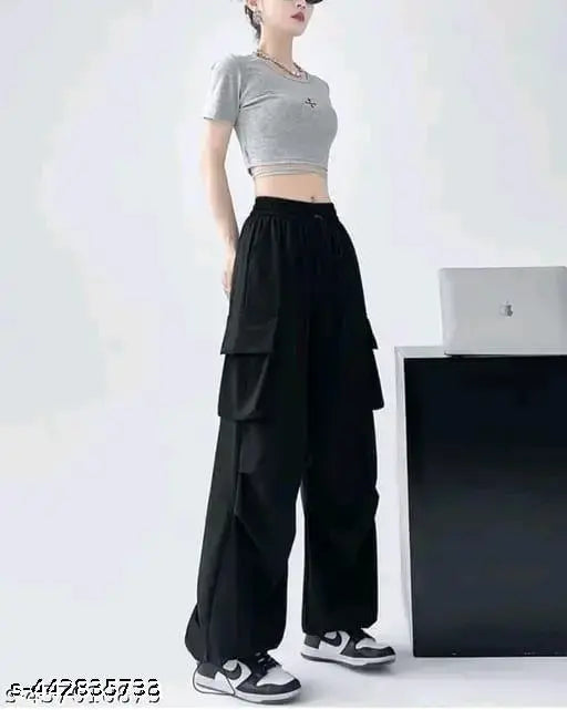 Black high-waisted wide-leg pants with elastic waistband