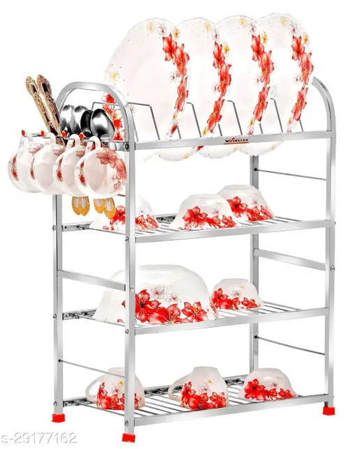 Stainless steel wall mount dish rack, bartan stand with four shelves for kitchen utensils