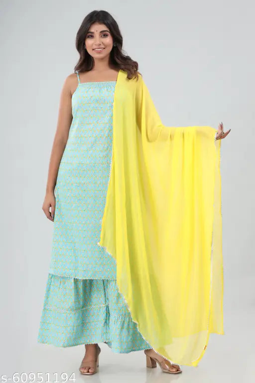 Yellow and blue printed dupatta set