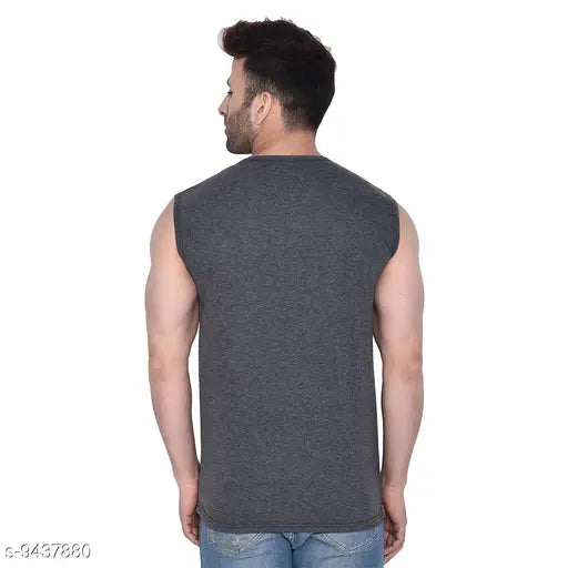 Grey melange cotton blend sleeveless Geum Men's Self-Design Henley T-shirt, high-quality, comfortable, perfect fit for casual wear
