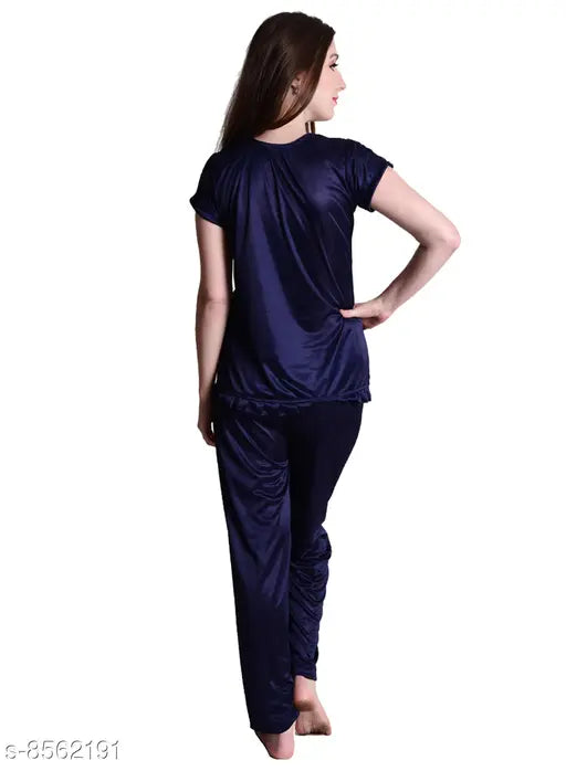 Senslife women's satin nightsuit, solid-colored, short-sleeved pyjamas made of satin fabric