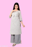 Women's cotton A-line printed long kurti with palazzos, three-quarter sleeves, single piece in various sizes (S, M, L, XL). Indian handcrafted traditional ethnic wear
