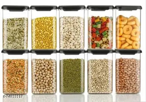 10 x 1100ml Black Plastic Food Containers - clear, for dry goods storage