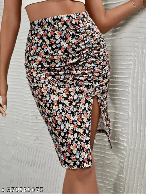 Polyester pencil skirt with digital print, fit & flare style for women. Soft fabric, easy-fit comfort. Machine washable, suitable for daily wear. Available in sizes 26, 28, 30, 32 (waist: 26/28/30/32 inches, length: 23/25/25/25 inches, hip: 30/32/34/36 inches). Made in India