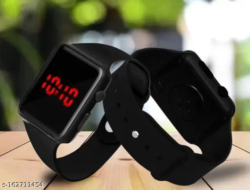 Digital watch with red display, strap and button visible