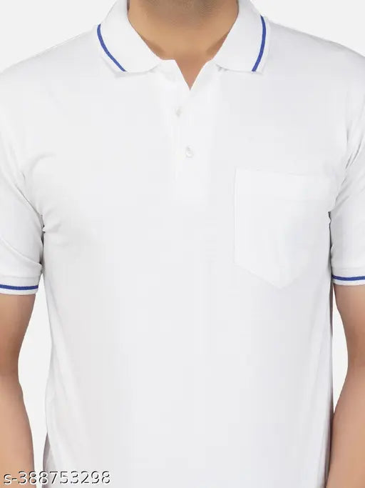 Solid white men's polo shirt with blue tipping, 100% super combed cotton half sleeve, perfect for everyday wear