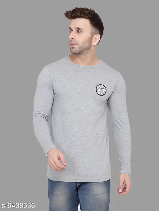 Grey Melange Cotton Blend Long Sleeve T-shirt with solid pattern, ideal for men's casual style, high-quality Indian origin, 100% pure combed cotton