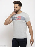 Grey printed crew neck cotton T-shirt, regular fit with short sleeves, features a unique design, size M (41in chest, 27.5in length), made in India
