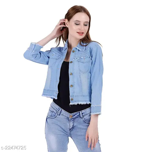 Denim petite ethnic jacket for women, solid-colored Jivika jacket with long sleeves, close-up view
