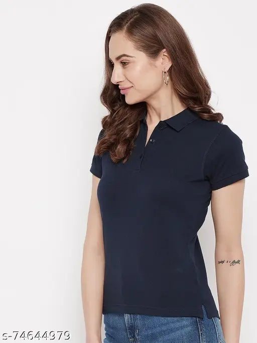 Solid cotton-blend polo neck half sleeves t-shirt by Harbor n Bay for women, size S