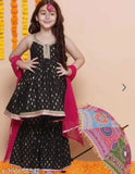 Black rayon sleeve less Kids Sharara set with printed pattern, trending party wear for girls aged 5-12 years, India origin