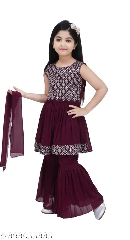 Modern georgette anarkali kurta sets with dupatta, knee-length, embellished sleeveless, vibrant Indian fashion for kids (2-3yrs to 10-11yrs)