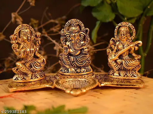 Gold-plated metal Laxmi Ganesh Saraswati decorative showpiece with diya on leaf, 105cm, Indian handcrafted religious figure for Vastu, home, temple, office, gifting, and blessings