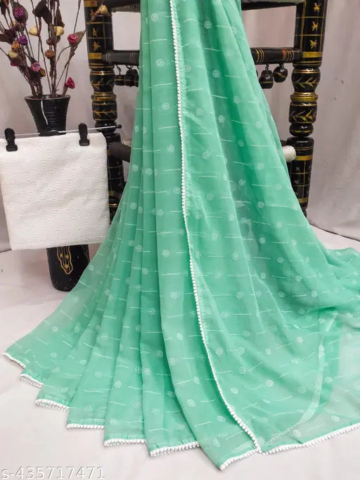 Embellished chiffon lace border saree in free size, featuring a separate cotton blouse, Indian origin