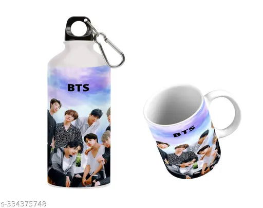 BTS printed aluminum sipper & ceramic mug combo (750ml, 330ml), Indian-made Kpop band gift set for loved ones