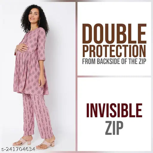 Rayon maternity night suit for women and girls (top & bottom), soft, breathable, comfortable, printed net pyjamas with two side invisible zips, double protection, India origin