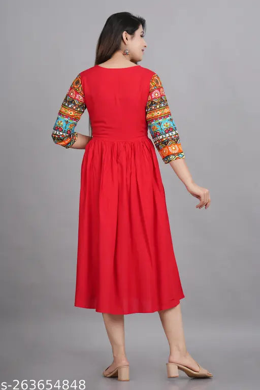 Red rayon a-line maternity dress with zip print