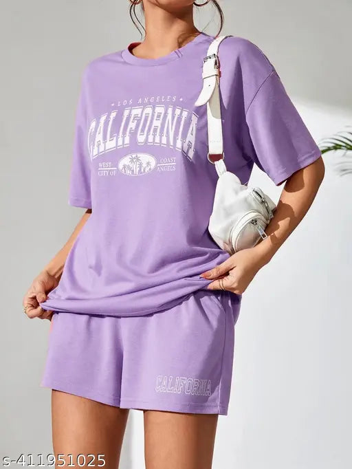 Lavender cotton printed oversized T-shirt & shorts night suit - versatile Indian summer wear, pure cotton & regular fit