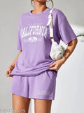 Lavender cotton printed oversized T-shirt & shorts night suit - versatile Indian summer wear, pure cotton & regular fit